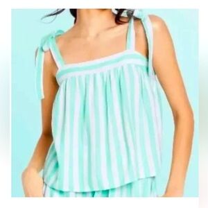 STONEY CLOVER x TARGET Mint Green & White Stripe Linen Blend Top Flowy Crop Bows